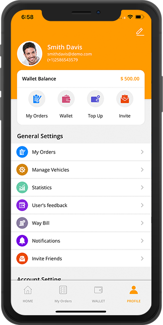 delivery driver app menu