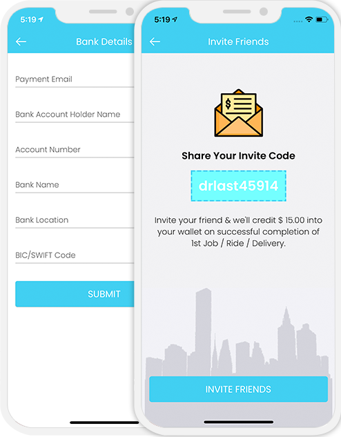 user and Sanitarian upload their bank details and invite friends to download app