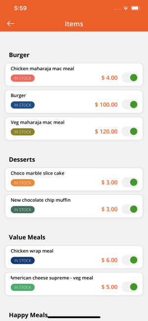 Restaurant menu items