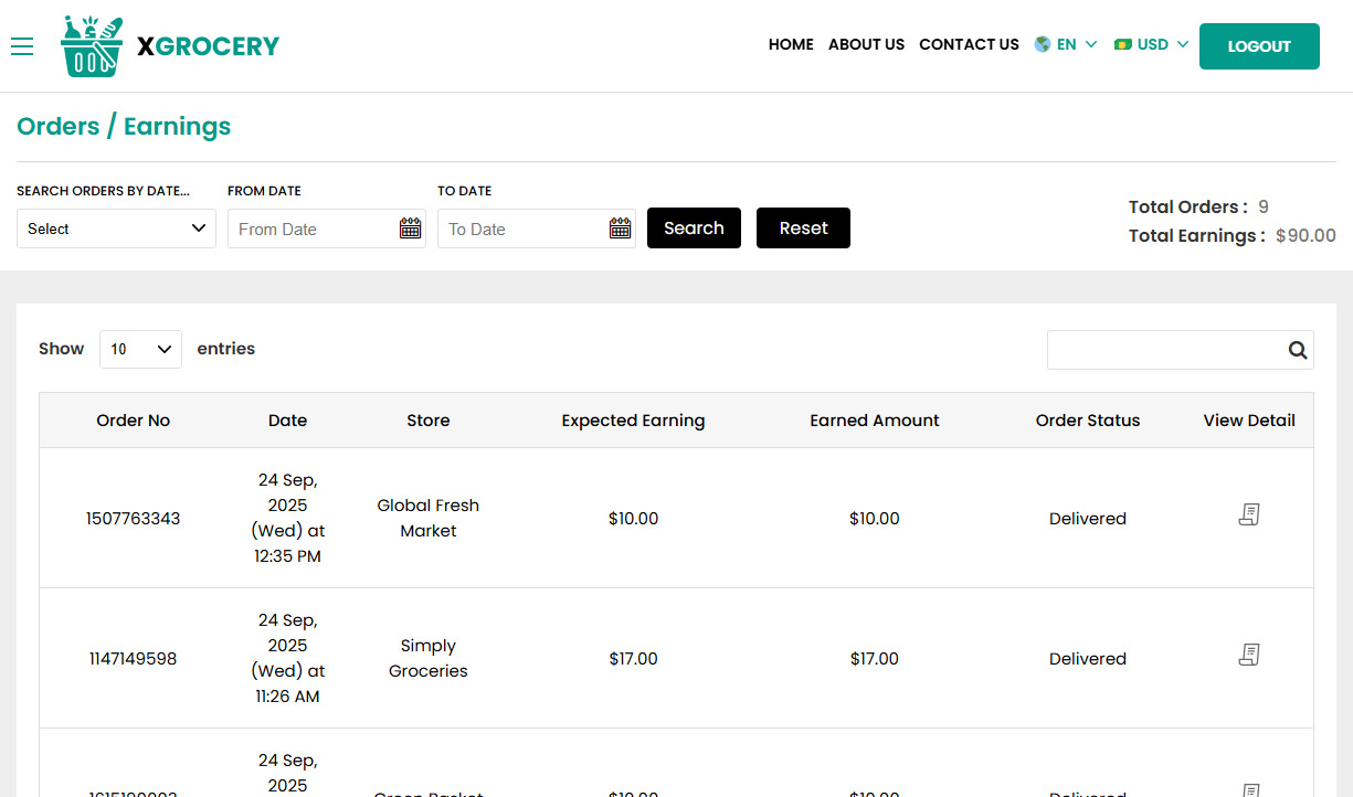 Driver Orders / Earnings