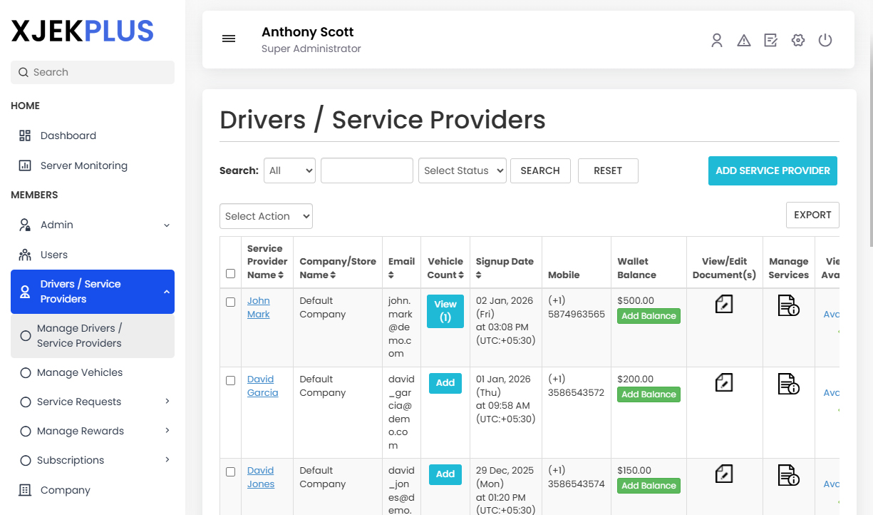Manage Drivers / Service Providers