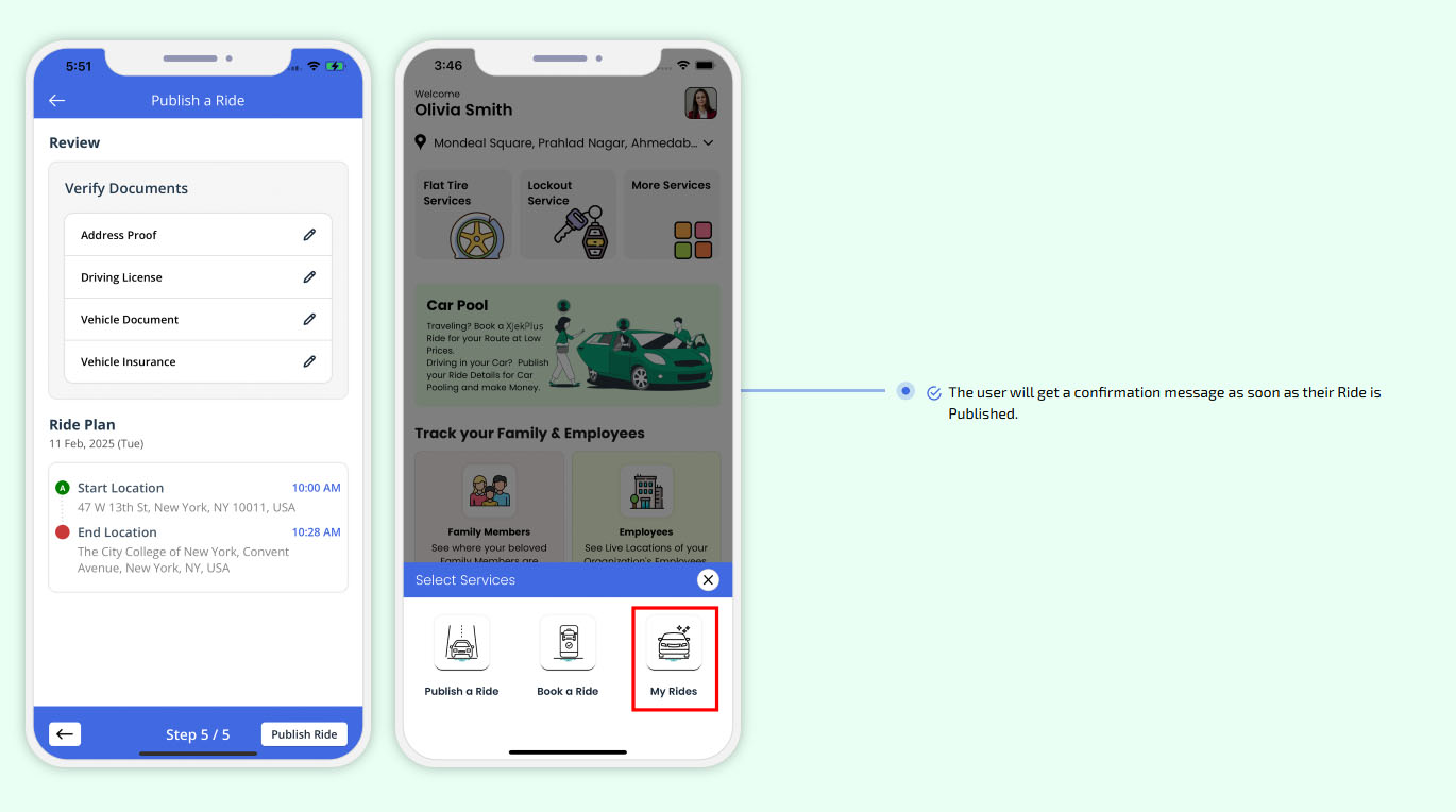 The user will get a confirmation message as soon as their Ride is Published.