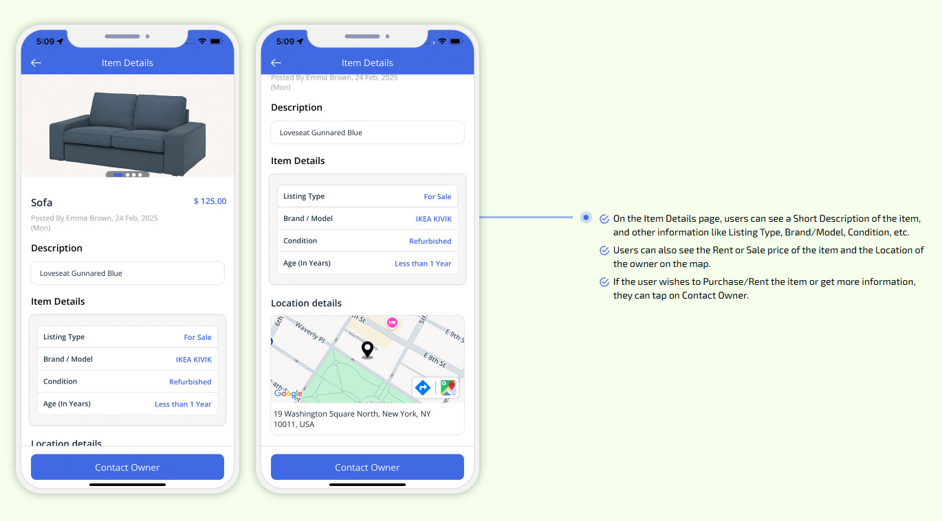 On the Item Details page, users can see a Short Description of the item, and other information