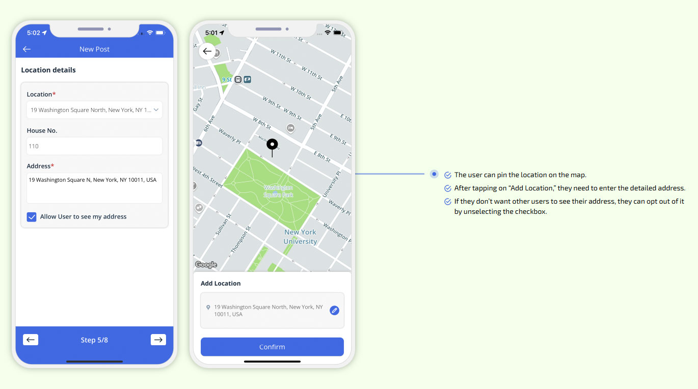 The user can pin the location on the map.